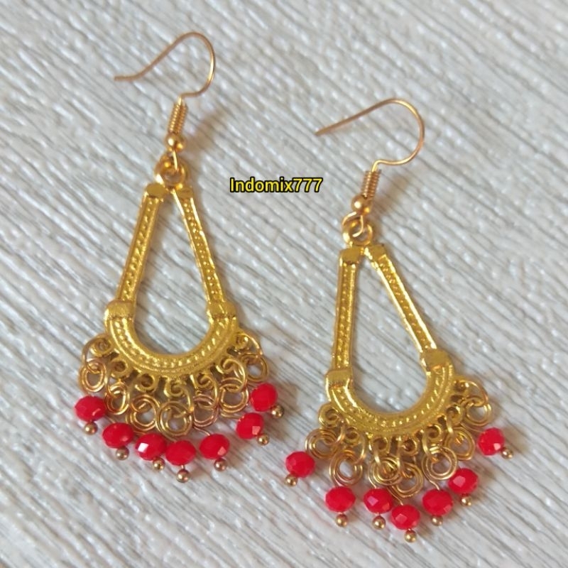 Indomix777. Handmade Anting Gantung India Manik Merah/Earring Bead Etnik/Anting Pesta/Anting Mote/Ak