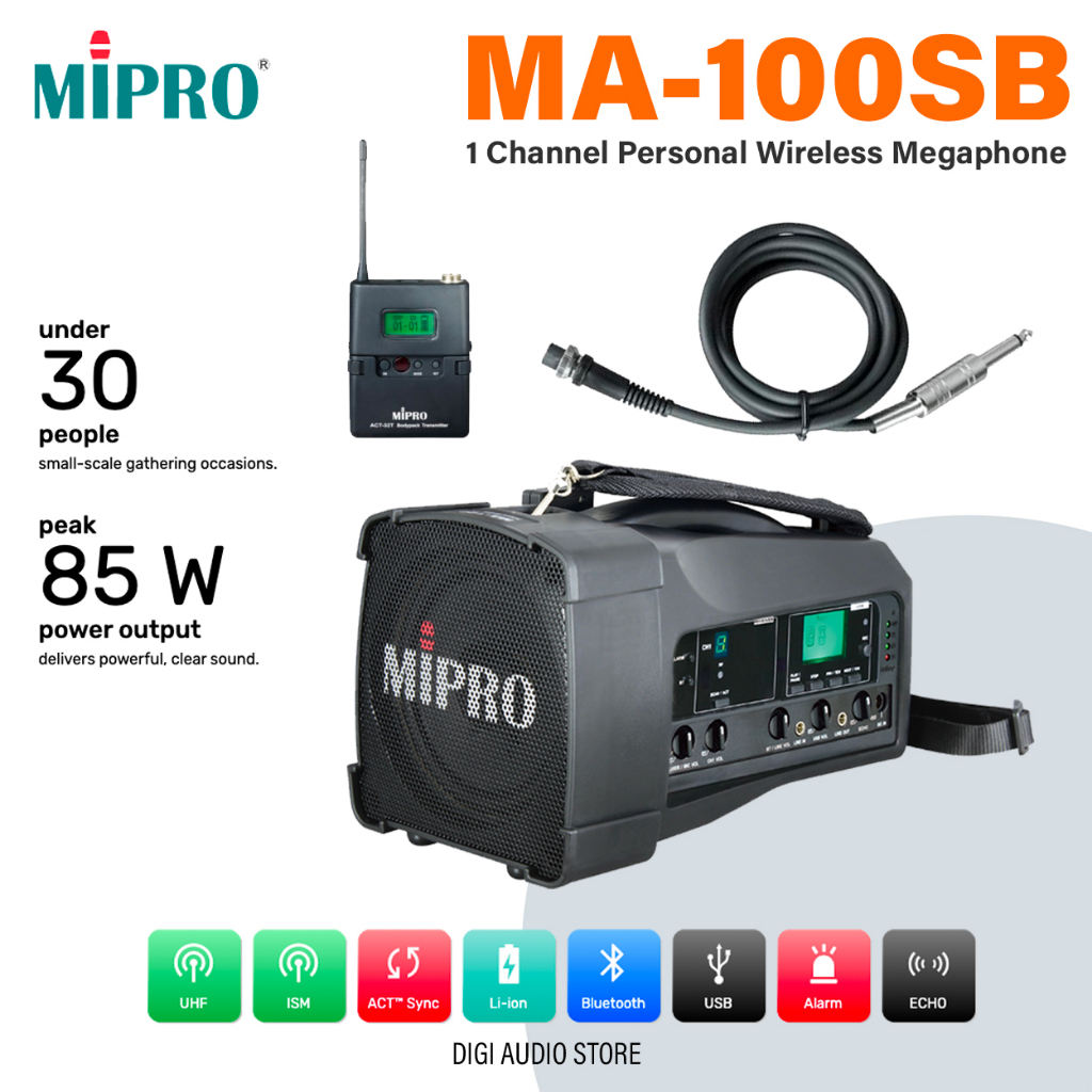 Speaker Portable Bluetooth Batre Cas & Wireless Instrumen Gitar Biola dll - USB Record MIPRO MA100SB