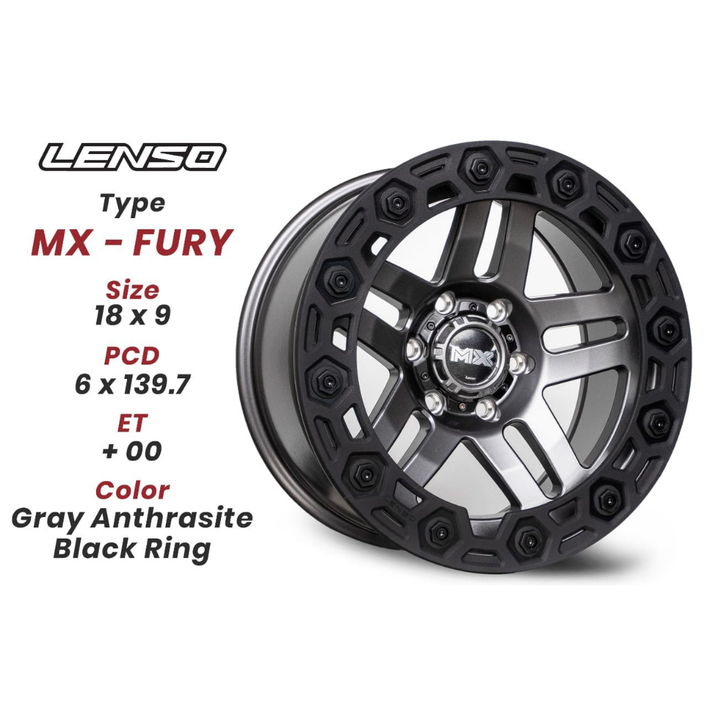LENSO ORIGINAL MADE IN THAILAND MX FURY GRAY ANTHRASITE BLACK RING R18 x 9 PCD 6 x 139.7 ET +00 COCO