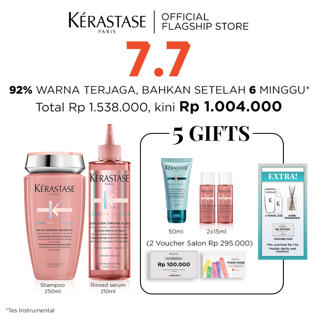 Kerastase Shampoo &amp; Serum Rambut Diwarnai-Bain Chroma Respect 250ml &amp; Soin Chroma Gloss 210ml.