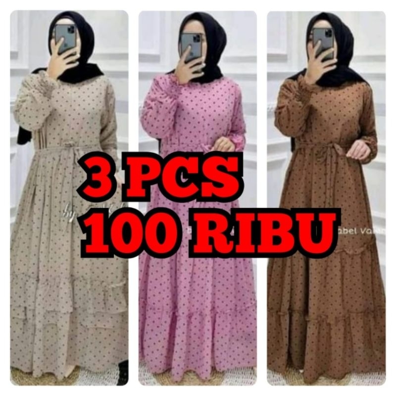 PAKET HEMAT PROMO 3 PCS 100 Gamis Ceruty Rempel Dada Polkadot Kacing Depan Busui/ Gamis Rempel Susun
