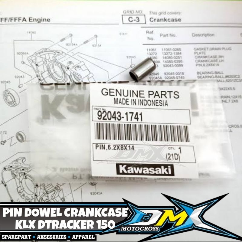 PIN DOWEL CRANKCASE KLX DTRACKER 150 KLX 140 NINJA 150 92043-1741
