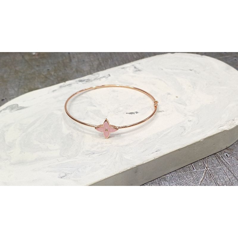 Bangle Gelang tangan bunga VC enamel pink Emas Asli 8K