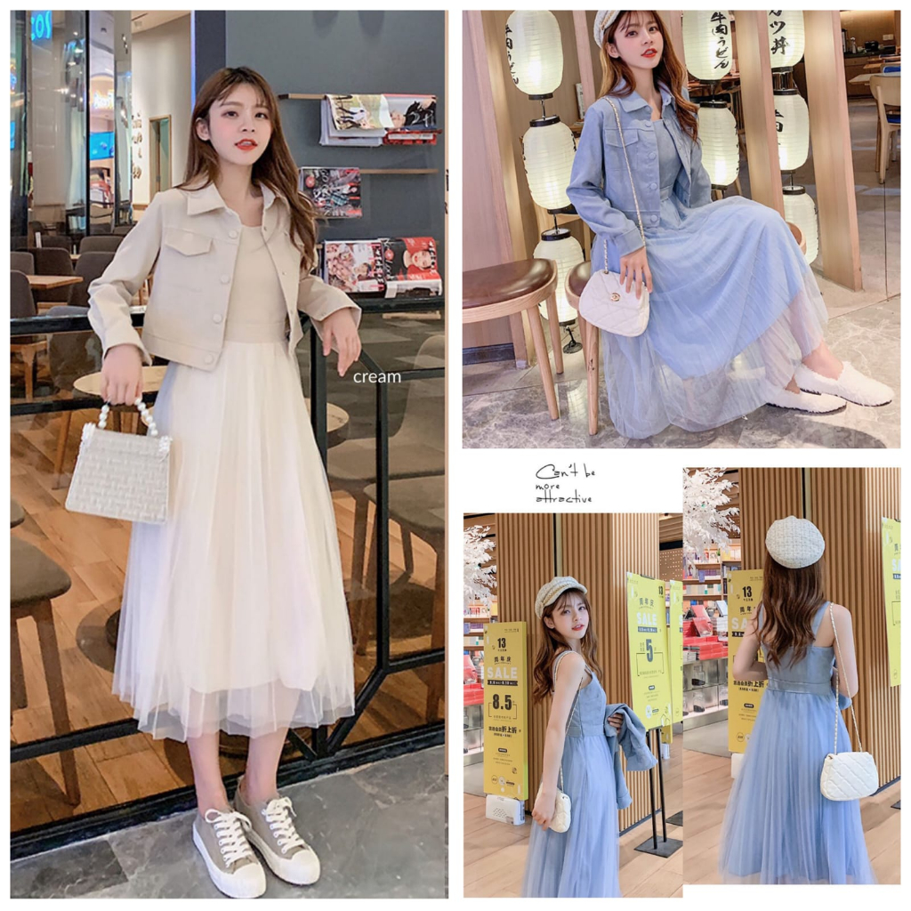 Midi Dress tutu cream biru jaket suede import TF7056