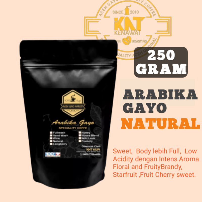 

KOPI ARABICA GAYO NATURAL PROSES 250gram BIJI SANGRAI BUBUK HALUS ACEH ASLI.