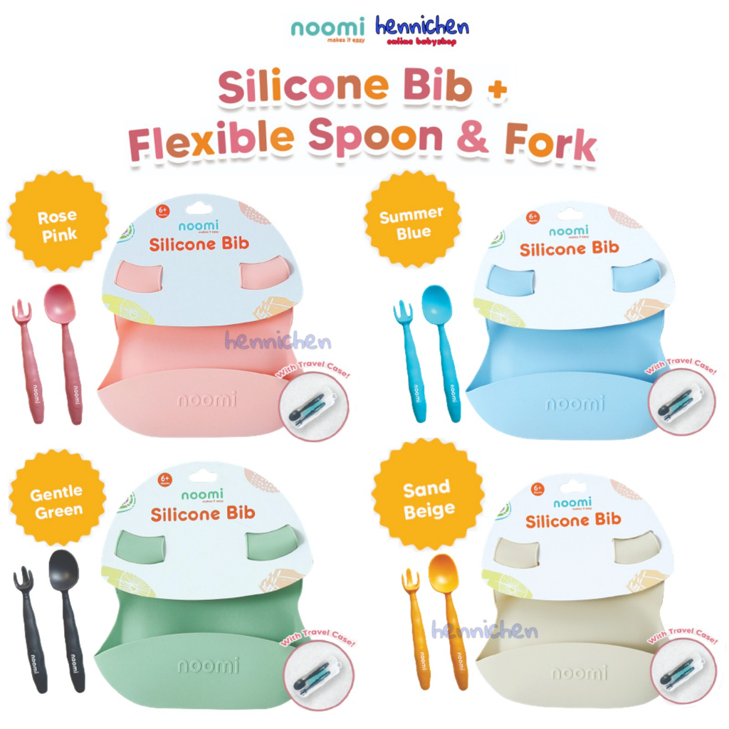 NOOMI Set Sendok Garpu Makan dan Celemek Silikon Anak Noomi - Silicone Bib + Flexible Spoon &amp; Fork