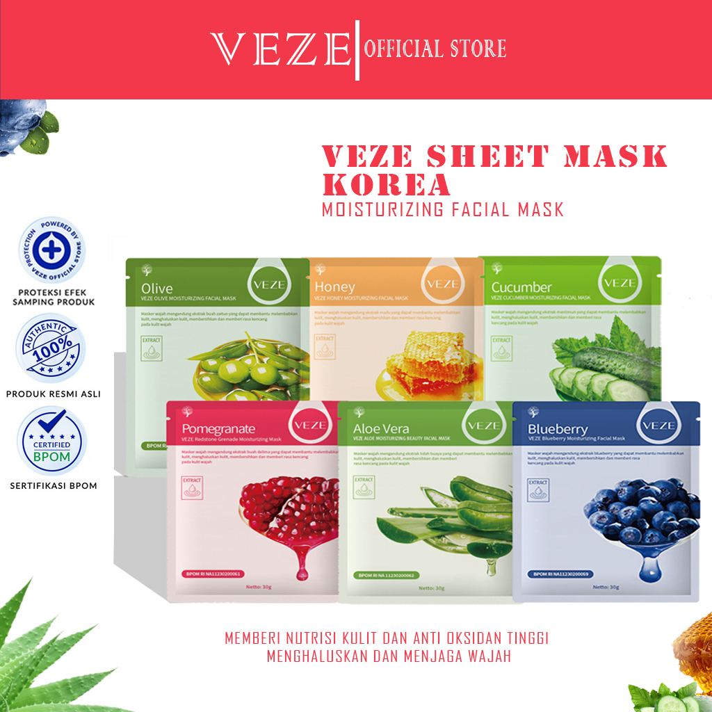 [BPOM] -  Veze Sheet Mask Korea Masker Wajah Blueberry Aloe Vera Pomegranate Honey Cucumber Olive
