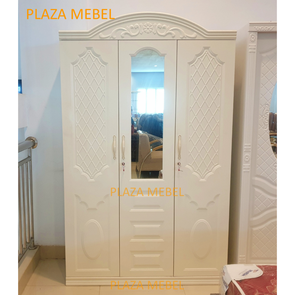 Lemari Pakaian / Baju Besi Import Putih 3 Pintu Klasik Coating Classic PUTIH