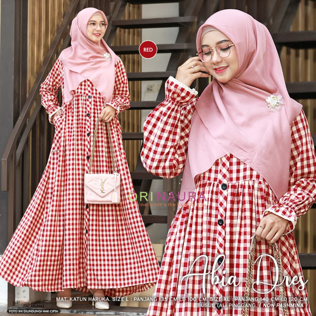 Dress Wanita Muslim Abia #3 Motif Kotak-Kotak Ori Naura // Gamis Wanita Aera Midi