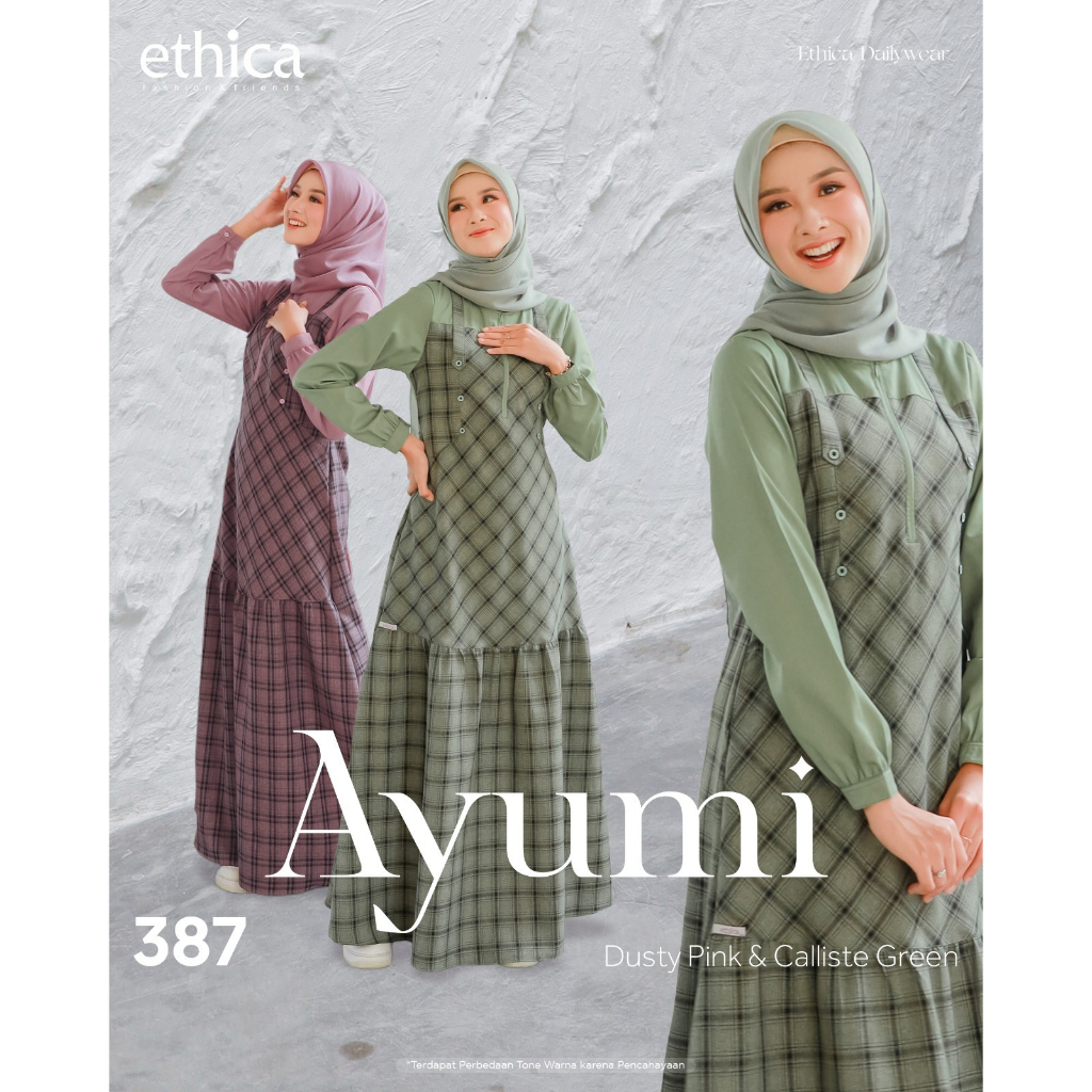 Ethica-Ayumi 387 Calliste Green-Dusty Pink Linen Valdena Gamis Wanita Dewasa Motif Kotak Kombinasi Polos Dress Remaja Muslimah Trendy Casual Kekinian Look Overall