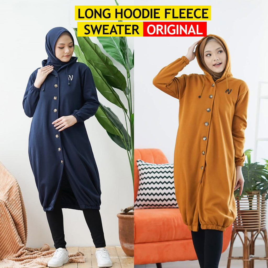 Long Tunik Jaket Sweater Hoodie Outer Wanita Muslimah Fleece Panjang Terbaru Kekinian