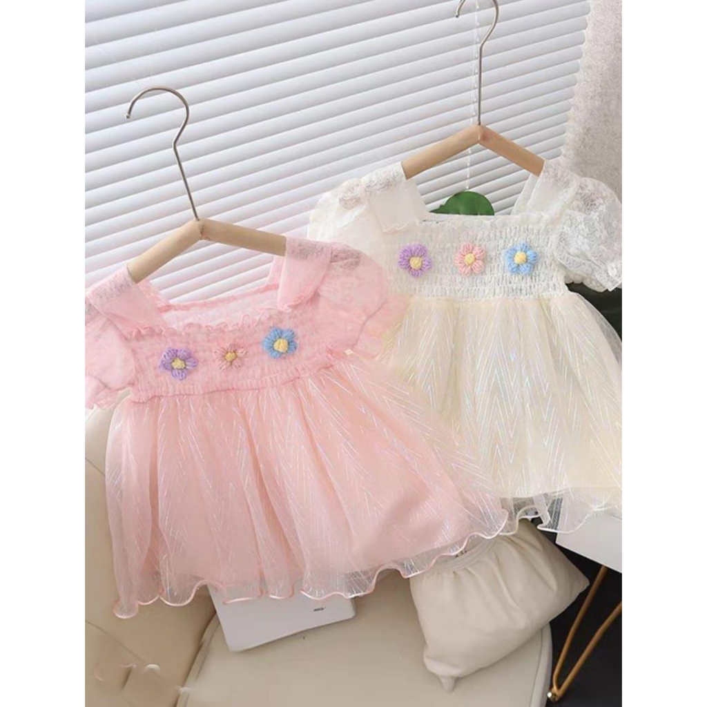 KFCAT Dress Gaun Rok Lengan Pendek Anak Perempuan Katun Polos Bunga Rajut U-Neck Manis Kasual Style