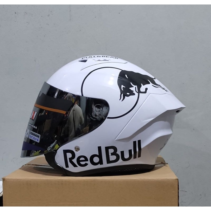 Helm half face Redbull White Black Single Visor Half Face SNI Priest KBR KYT leopard