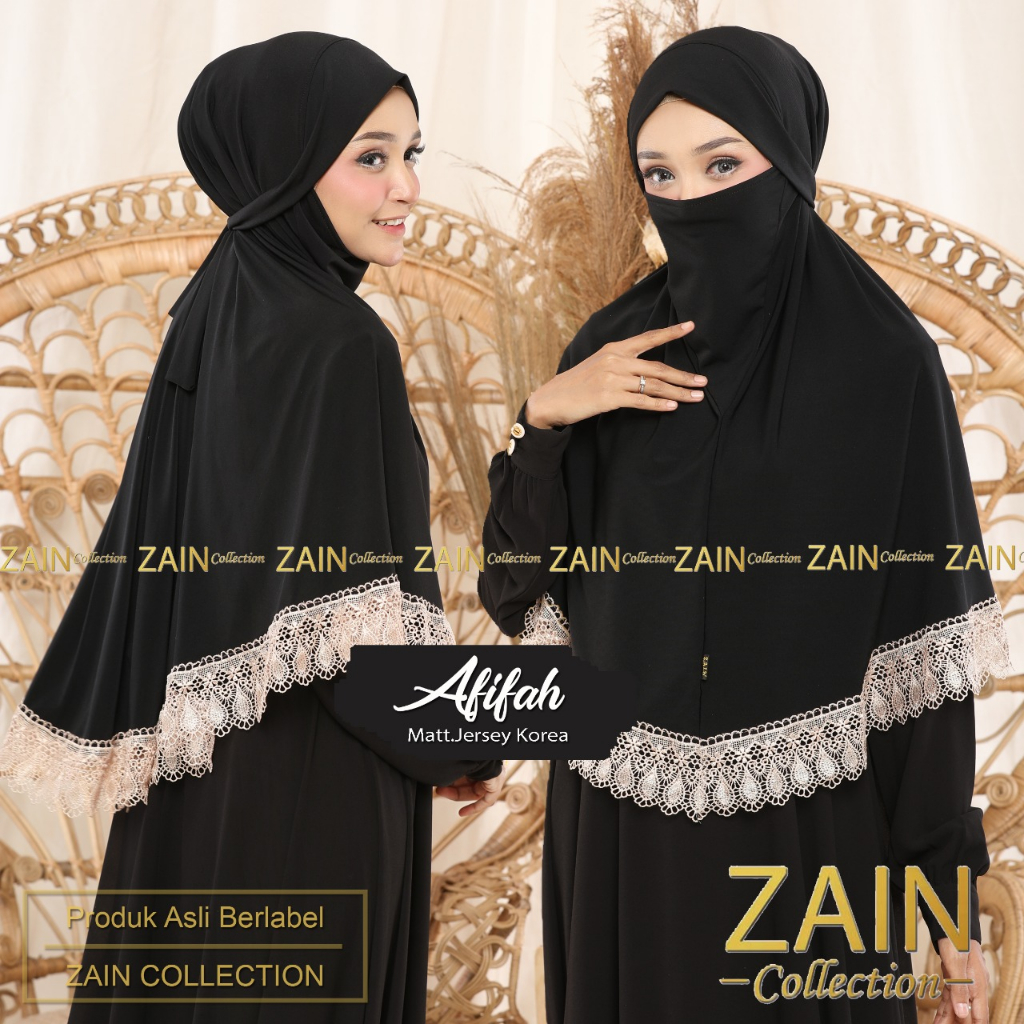Zain Collection Afifah (Khusus Hitam) -  Jilbab Instan Variasi Renda Import dan Masker