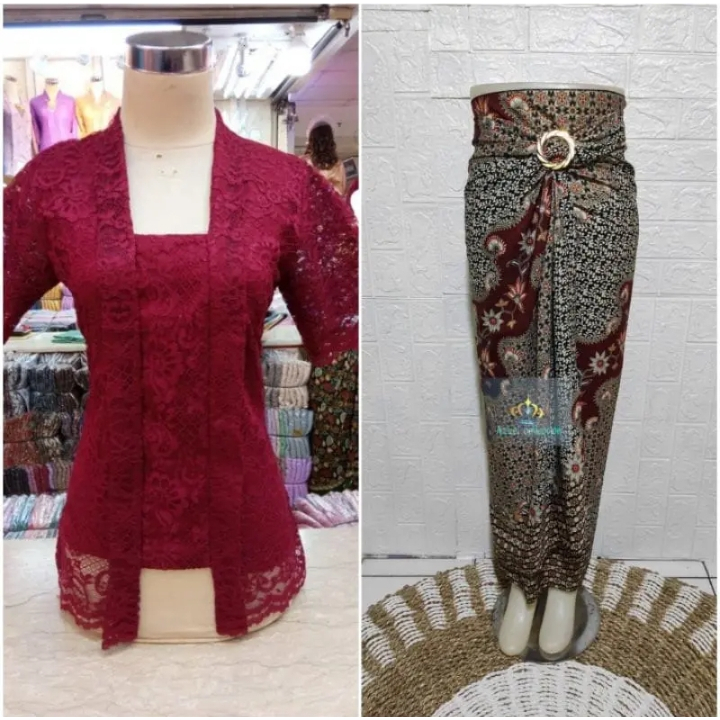 Setelan Kebaya Floy Brokat Lengan Panjang Dan Rok Lilit Motif Batik/baju Atasan Kebaya Pesta/Set Keb