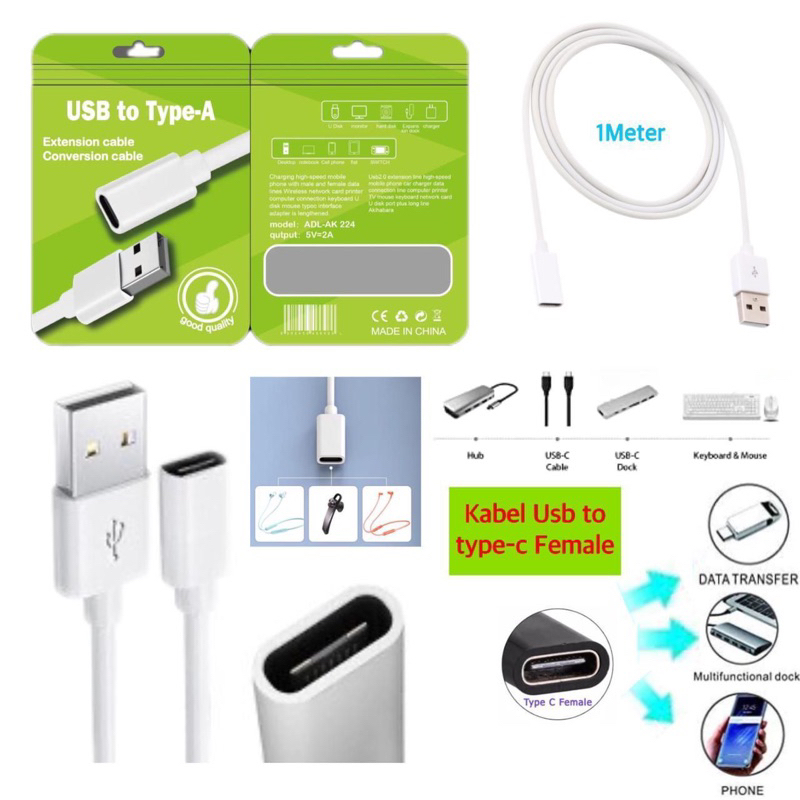 Kabel Usb to Type c female / sambungan kepala charger type A to type c