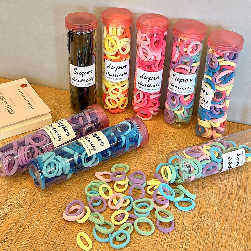 WD Ikat Rambut Wanita Anak Set 100pcs Box Tali Ikat Rambut Karet Elastis Polos Warna Warni Import Fashion Korea Wanita A1