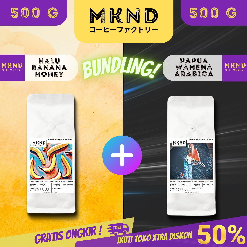 

MKND® BUNDLING HEMAT 2X500 KOPI ARABIKA HALU BANANA HONEY + PAPUA WAMENA PROMO