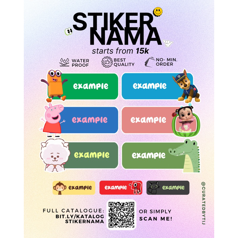 

CUSTOM STIKER NAMA WATERPROOF | Label Nama Animals Dinosaur Alpaca Llama Penguin Unicorn Molang We Bare Bears