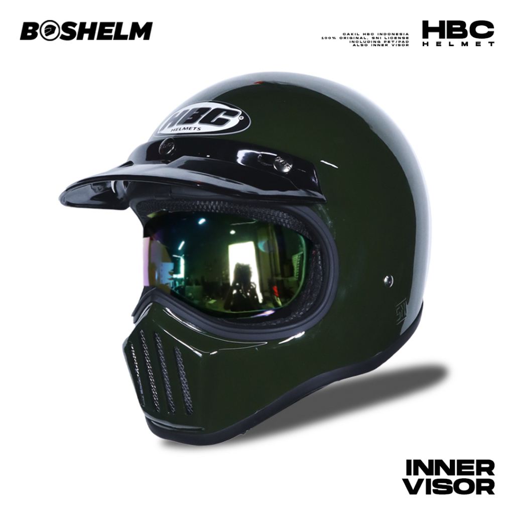 Helm Cakil HBC Inner Visor ARMY GLOSSY Helm Retro Full Face SNI