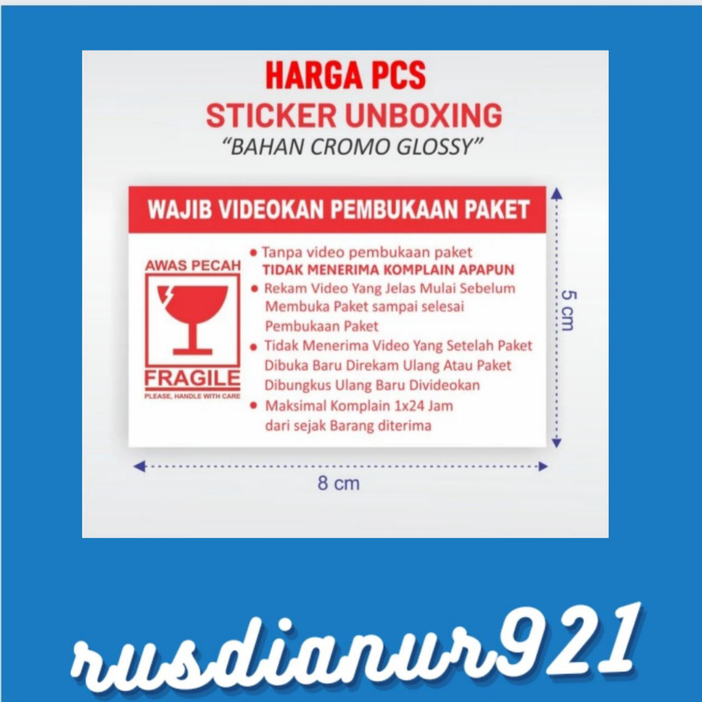 

sticker fragile wajib video unboxing stiker untuk paket olshop ukuran 8cmx5cm