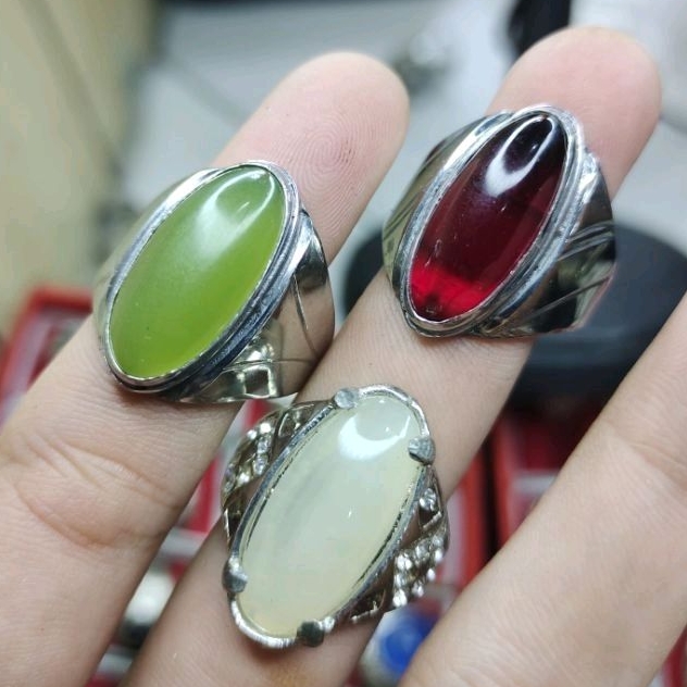 paket hemat 3pcs batu cincin pandan Siam Dareh kapas natural bergaransi ring monel baja putih