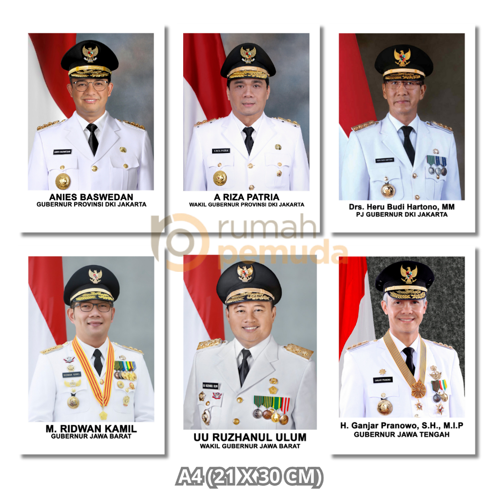 Cetak Foto Gubernur dan Wakil Gubernur A4 / 21x30 cm (Gubernur DKI Jakarta, Jawa Barat, Jawa Tengah)