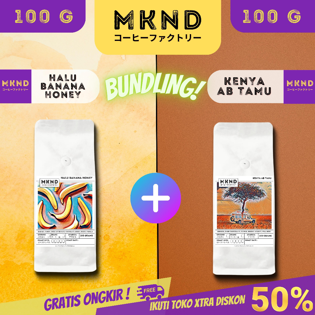 

MKND® BUNDLING HEMAT 2X100 KOPI ARABIKA HALU BANANA HONEY + KOPI ARABIKA KENYA AB TAMU IMPORTED PROMO DISKON | BIJI BUBUK | SINGLE ORIGIN | PREMIUM COFFE | ROASTED BEANS | MANUAL BREW | COFFE ROASTERY