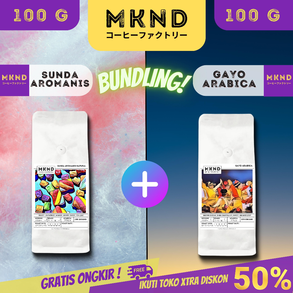 

MKND® BUNDLING HEMAT 2X100 KOPI ARABIKA ACEH GAYO GRADE 1 SINGLE ORIGIN PROMO + KOPI SUNDA AROMANIS NATURAL SPECIALTY COFFEE SINGLE ORIGIN PROMO DISCON BIJI BUBUK | SINGLE ORIGIN | PREMIUM COFFE | ROASTED BEANS | MANUAL BREW | COFFE ROASTERY
