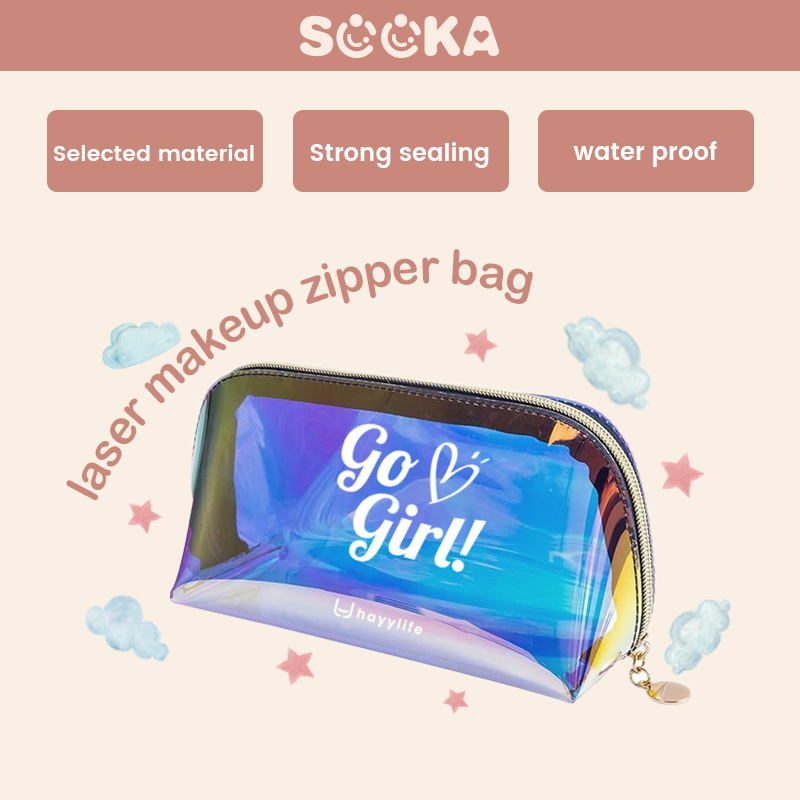 SOOKA Tas Kosmetik Hologram- Tas Kosmetik Makeup dengan bentuk Setengah Lingkaran TPU Transpran Anti Air dan berwarna Cerah , tas Penyimpanan Makeup HL-AGB824