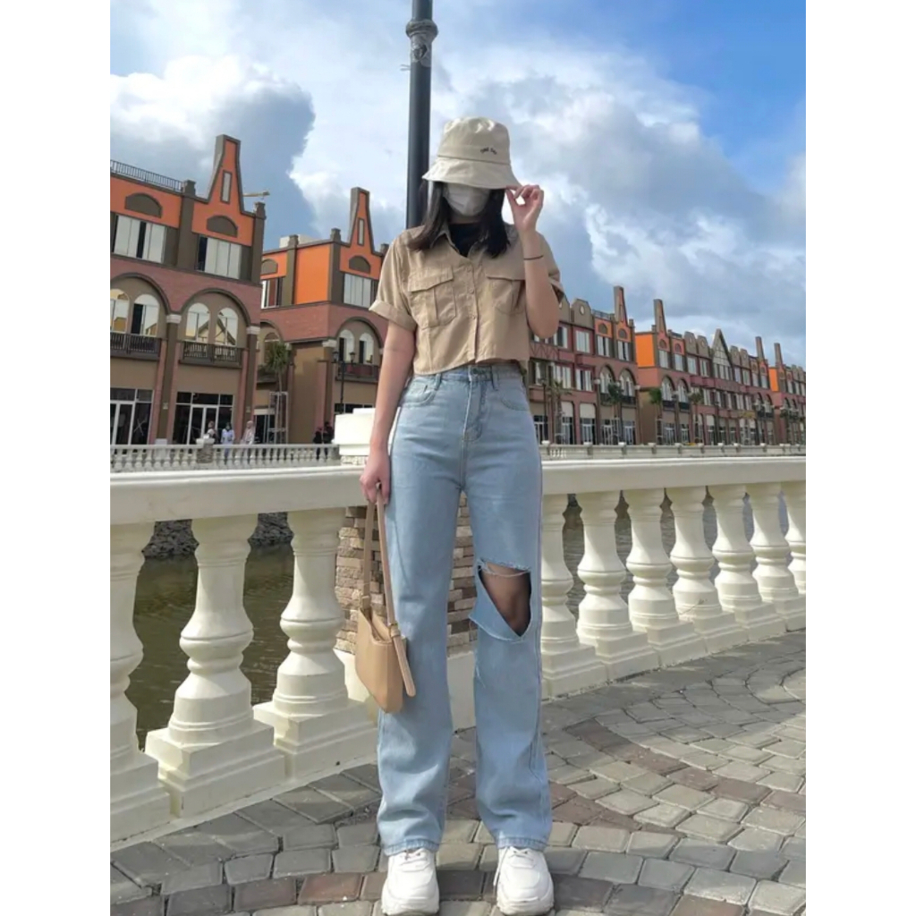 CELANA HIGHWAIST KULOT LOOSE JEANS WANITA SOBEK LUTUT