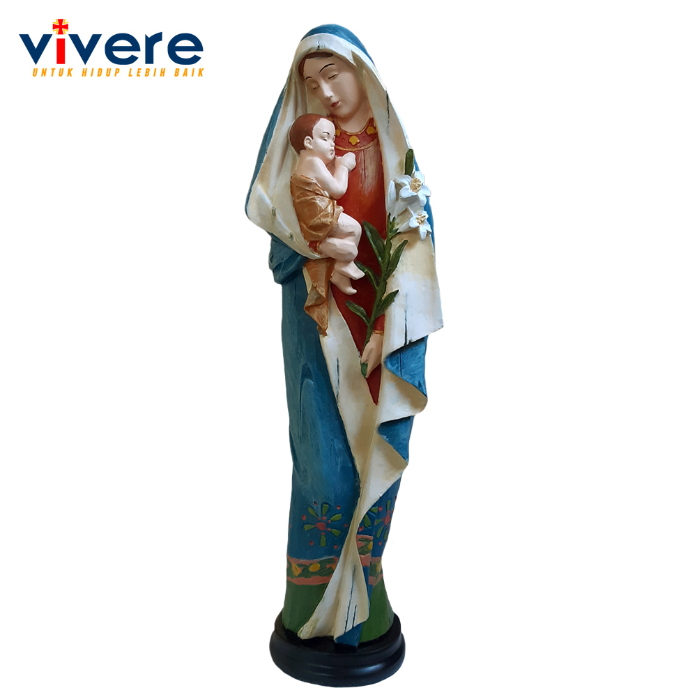 Patung Bunda Maria, Yesus dan Bunga Bakung 32 cm