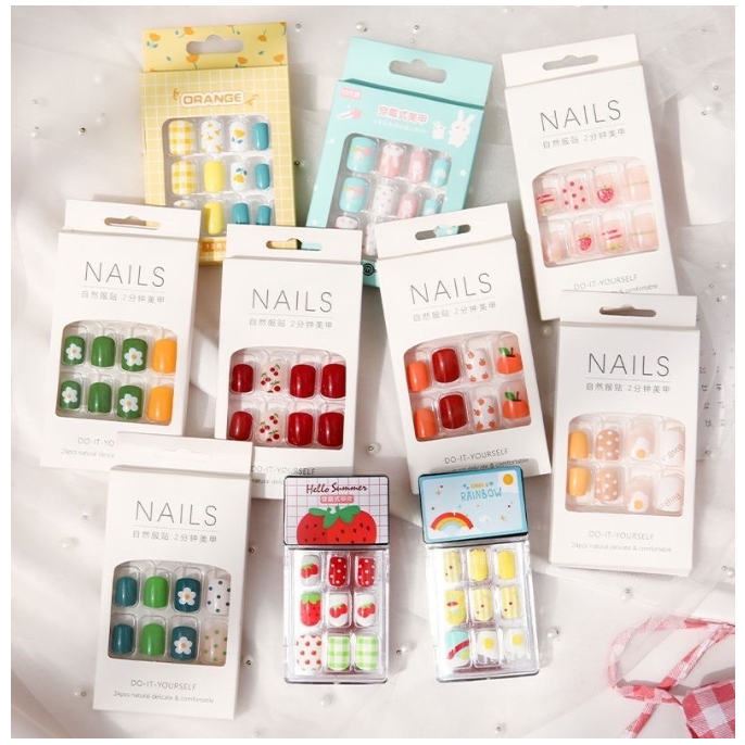 TEMPELAN 24PCS SET KUKU PALSU IMITASI DAPAT LEM KUKU NAIL ART NAIL CARE KUKU PALSU 3D PERNIKAHAN FASHION ACRYLIC MULTI DESAIN NAIL ART WATERPROOF FAKE NAIL ART