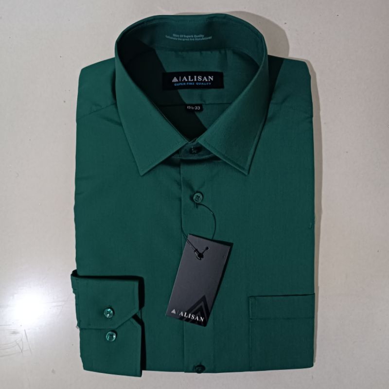 Alisan Kemeja Pria Polos Hijau Botol2 Lengan Panjang Reguler