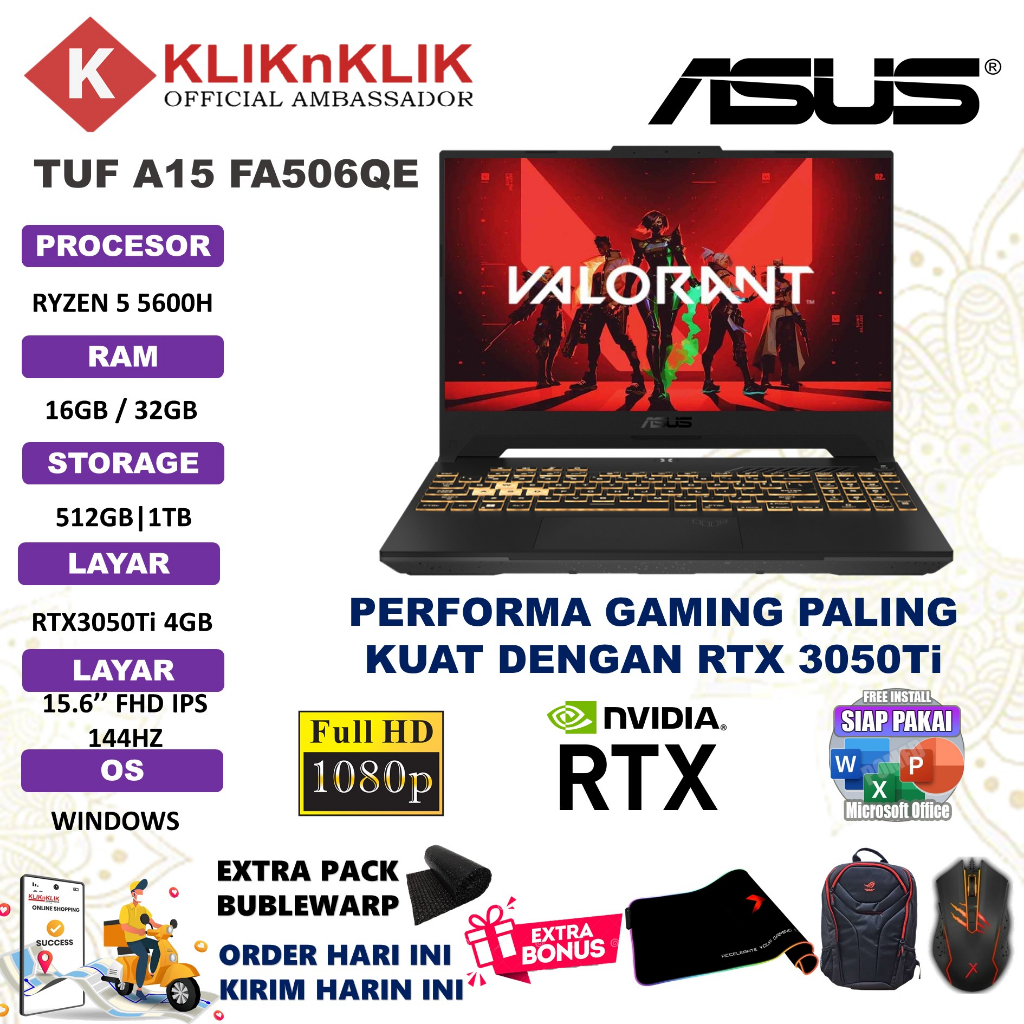 LAPTOP ASUS TUF A15 FA506QE AMD RYZEN 7 5800H 16GB 512GB RTX3050TI-4GB 15.6&quot; FHD BL WIN10HOME BLACK