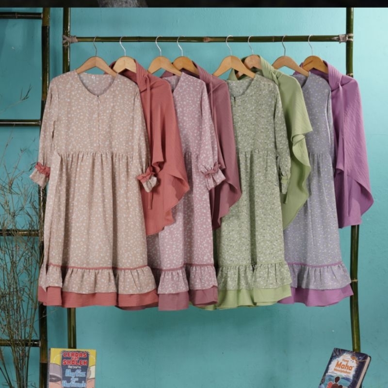 Gamis set krudung Mango Crinkle Motif mix Crinkle Airflow Polos// Queensha