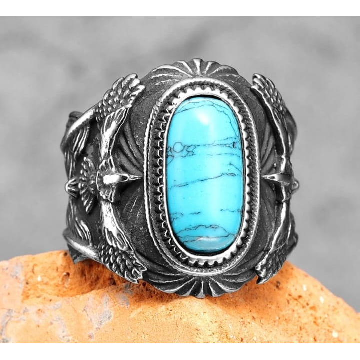 316L cincin baja tahan karat batu permata trendi turquoise cincin pria elang rock punk untuk pria pacar perhiasan hadiah terbaik