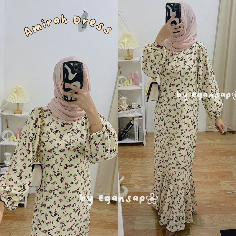 Amirah Dress 2 | Premium Korean Vintage Dress Duyung Bunga Lengan Balon Slimfit Maxi Shakila