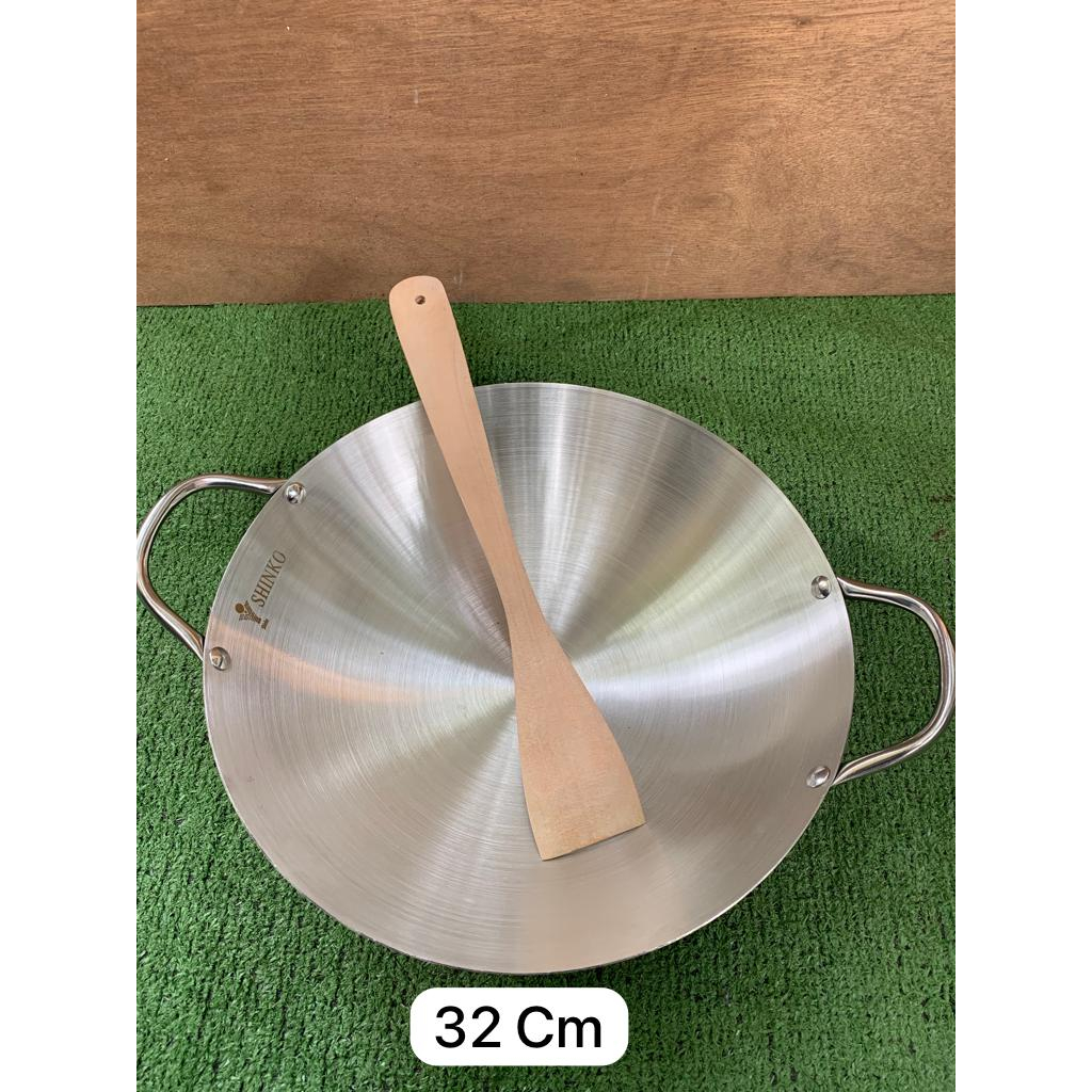 Wajan penggorengan kuali stainless steel shinko tebal anti lengket anti gosong free spatula kayu ukuran 24cm, 26cm, 28cm, 30cm, 32cm