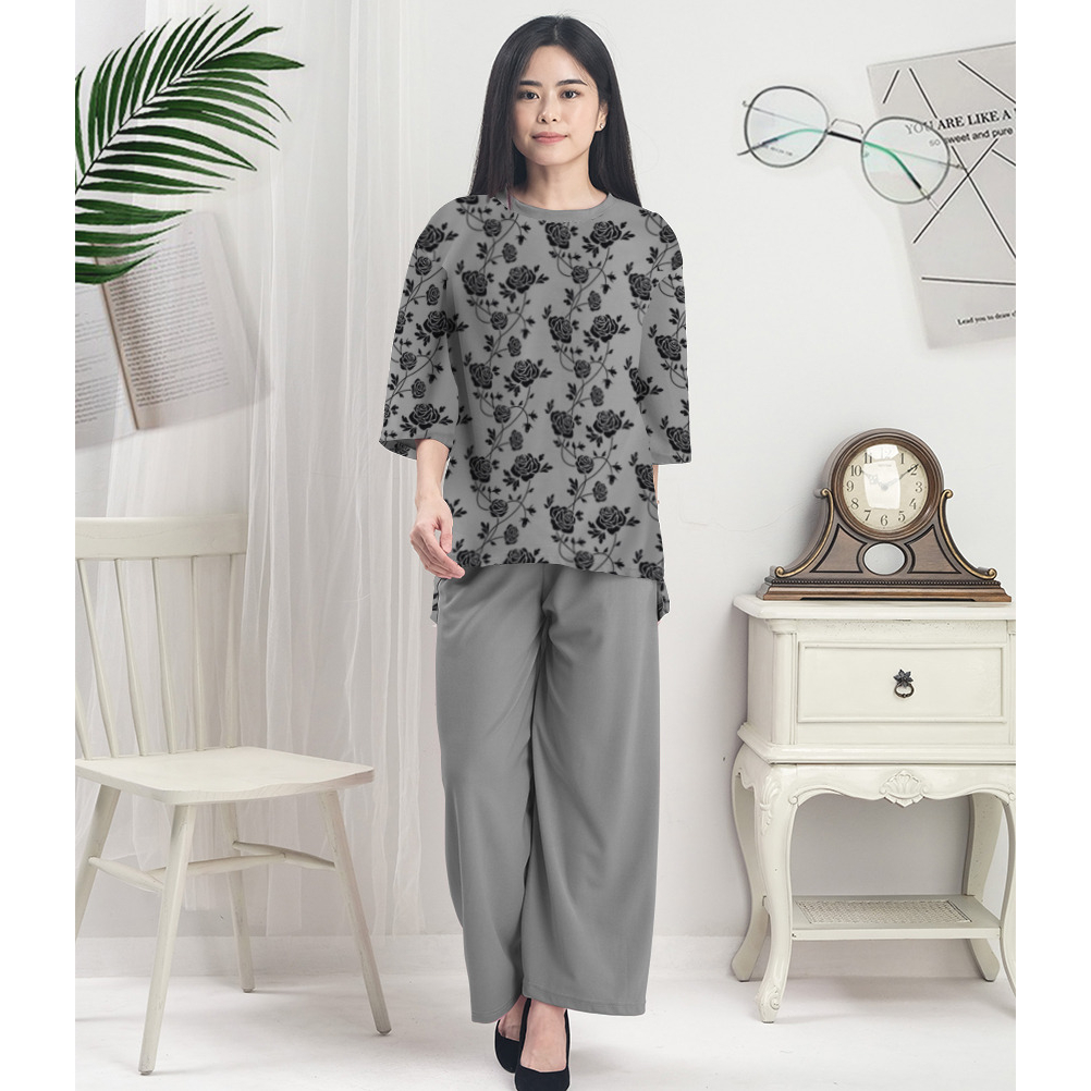 RILLO - Baju Setelan Celana Wanita Motif Rose Flower