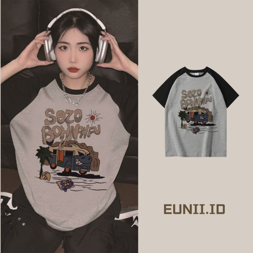 EUNII T-shirt Lengan Pendek Cartoon Sezo Desert Car Korean Style/Kaos Atasan Wanita/Baju Kaus Oversize Wanita/Kaos Wanita