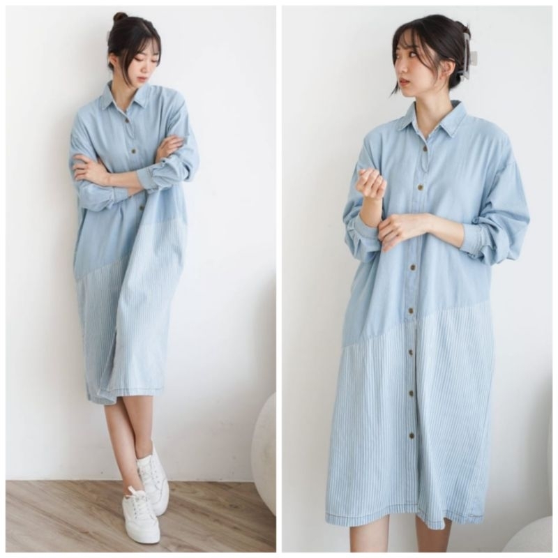 ♡ PREMIUM ♡ ORIGINAL ! VRENIES DENIM BIG SIZE LONG SLEEVE COLLAR BUTTON PLAIN COMBINATION WITH STRIPE JEANS MIDI LOOSE DRESS ( BUSUI &amp; BUMIL FRIENDLY)