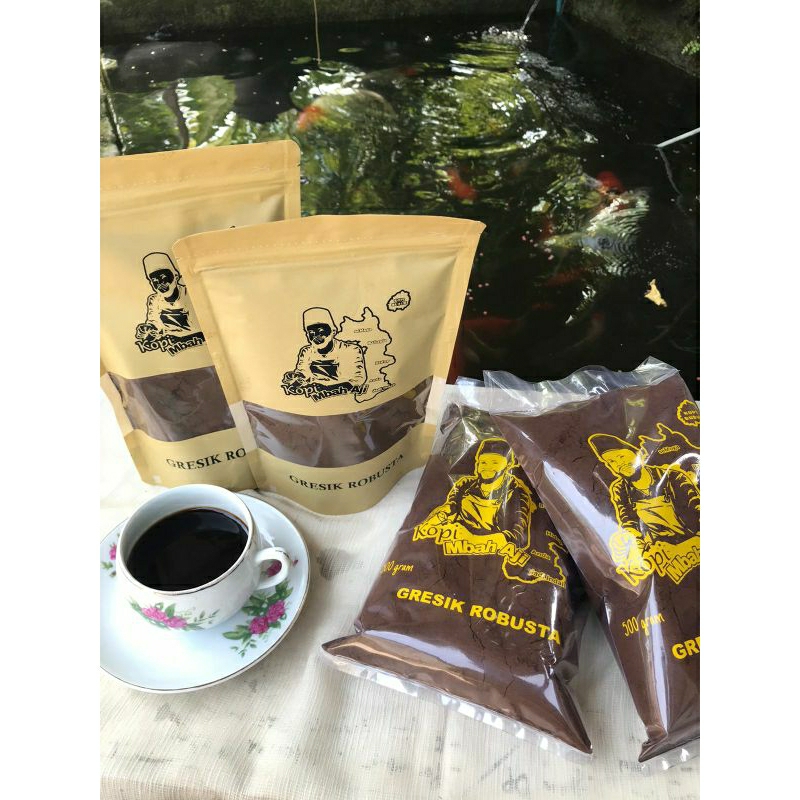 

Kopi Robusta murni kopi bubuk Mbah Aji Khas Gresik Kemasan Plastik PP 500gr Giras tubruk lelet