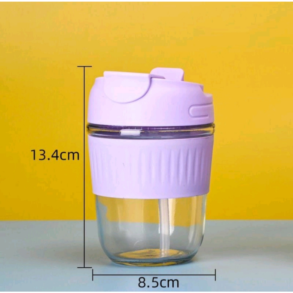 [1 Pcs] Glass Coffee Tumbler 400ml. Botol Mug Tumbler Kopi Beling Sedotan