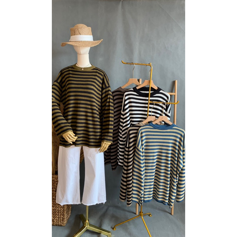 Athalia Oversize Stripe Sweater Knited | atasan knit oversize santai adem lembut garis