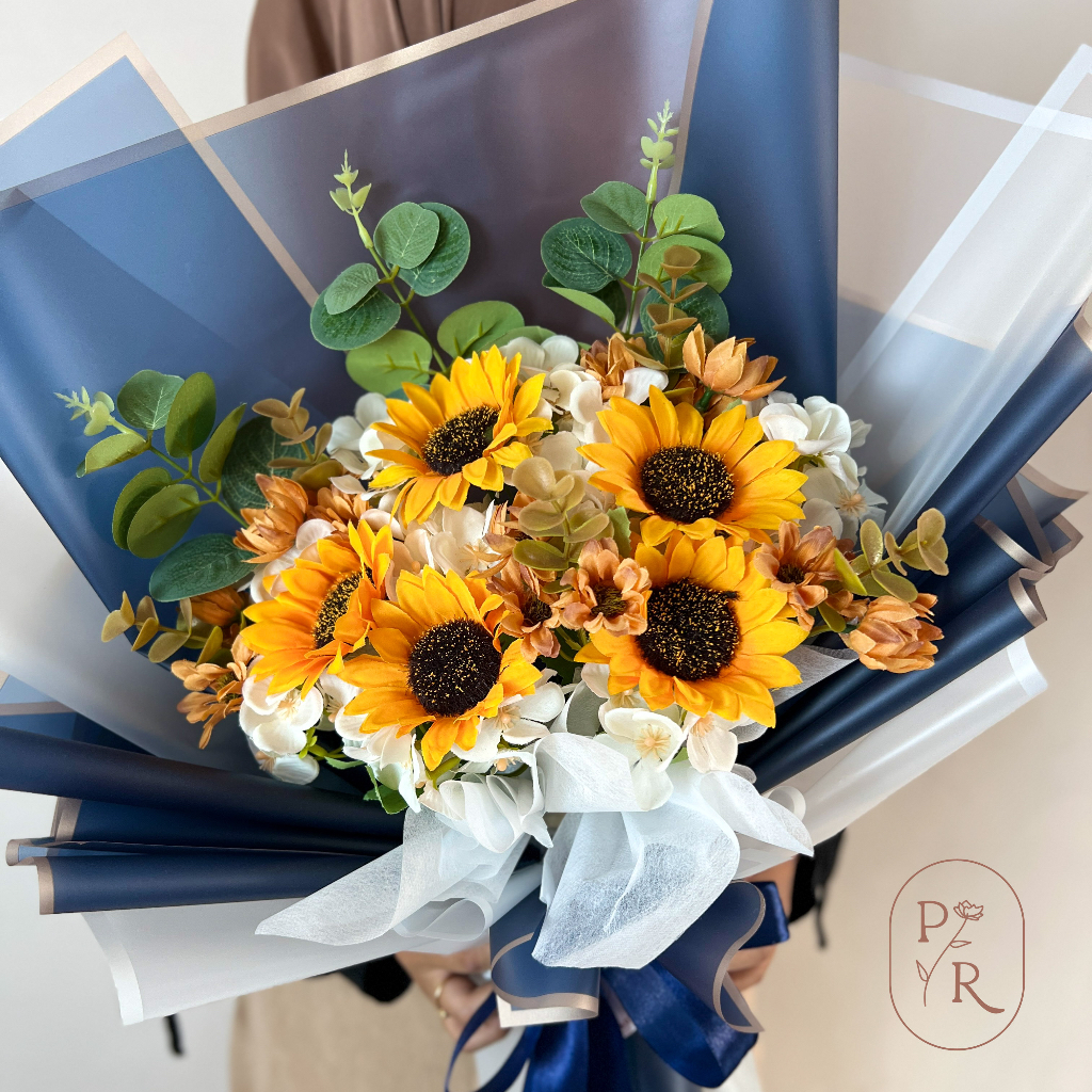 PAPERUSH.ID [JRA02] Buket Bunga Sun Flower Artificial Navy Kuning / Kado Hadiah Wisuda Lamaran Ulang Tahun Sun Flower