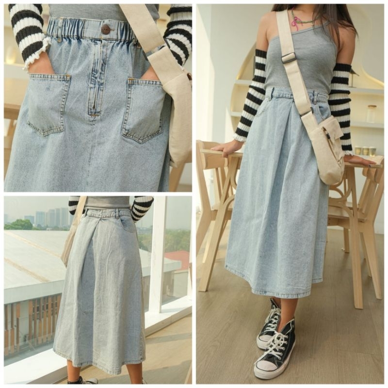♡ PREMIUM ♡ ORIGINAL ! TRESSA 2 WAYS DENIM [ SIZE M &amp; L ] MIDI JEANS SKIRT ( BISA PAKAI BOLAK BALIK )
