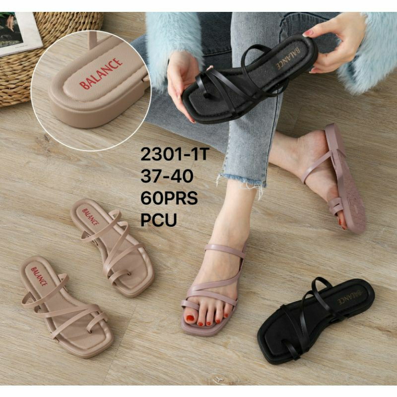 2301-1T Original Sandal Balance Jepit Selop Jempol Tali Silang Wanita Terbaru Karet Jelly Import Sendal Japit Cewek Perempuan Slop Teplek 2301 Sol tipis Hitam Impor Cantik Viral Kekinian Murah