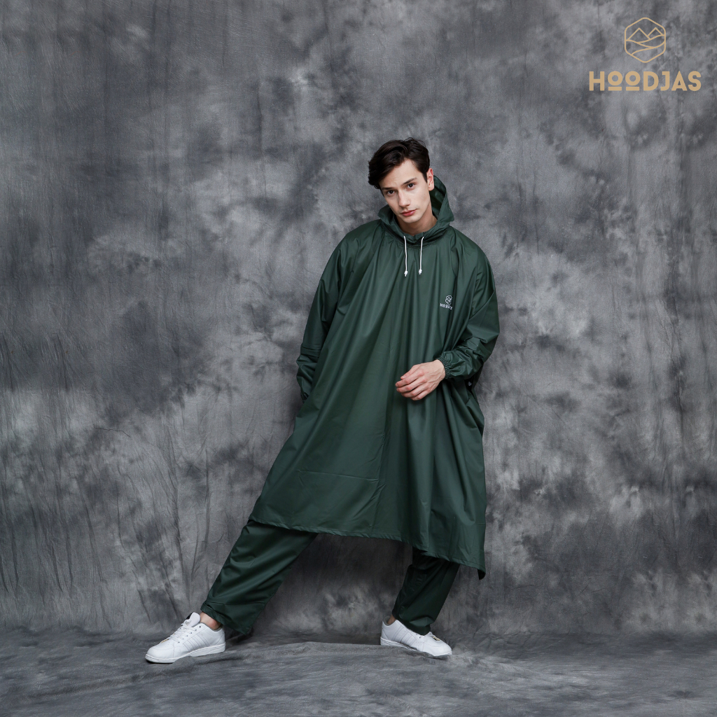 HOODJAS RAINCOAT JAS HUJAN PONCO MODEL LENGAN KELELAWAR HIJAU ARMY BAHAN PVC WATERPROOF