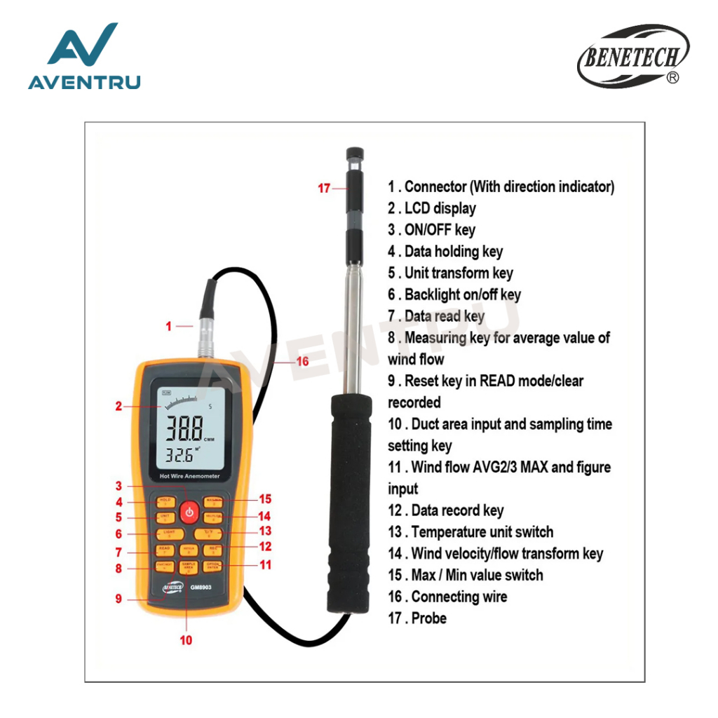 Hot Wire Anemometer Benetech GM8903 USB Data Air Velocity Temperature